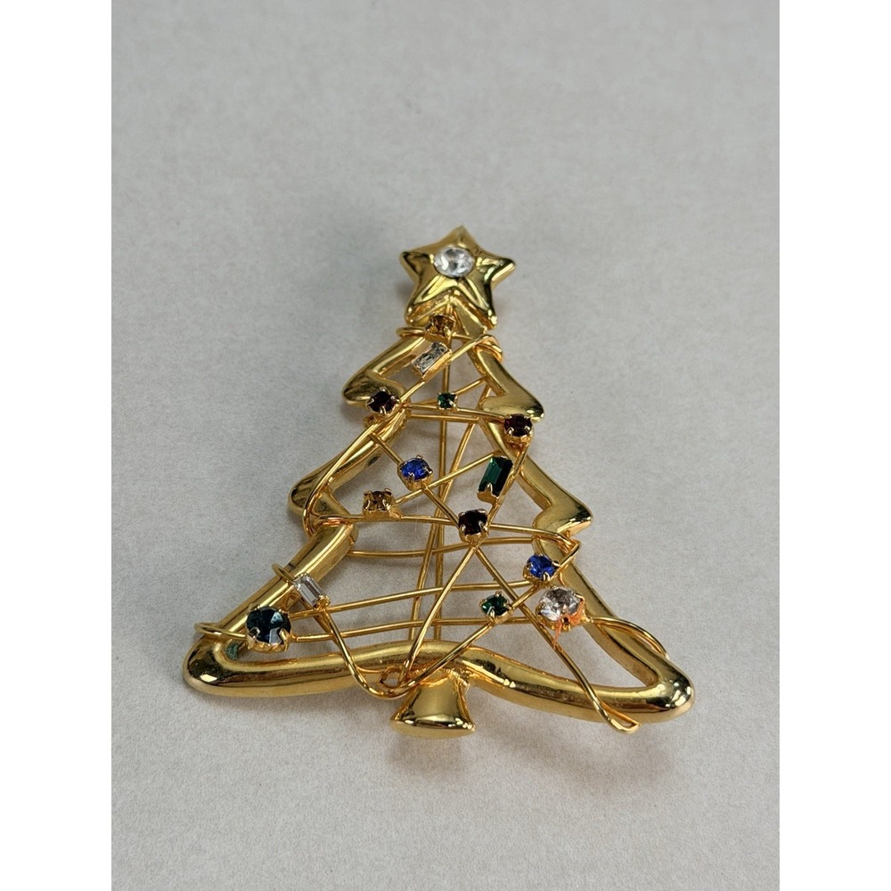 Vintage Christmas Tree Brooch Multicolor Rhinestones Gold Tone Holiday Pin